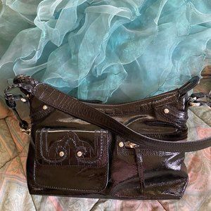 BRIGHTON Black Shiny Patent Leather zip top bag in LIKE NEW condition (name uk)